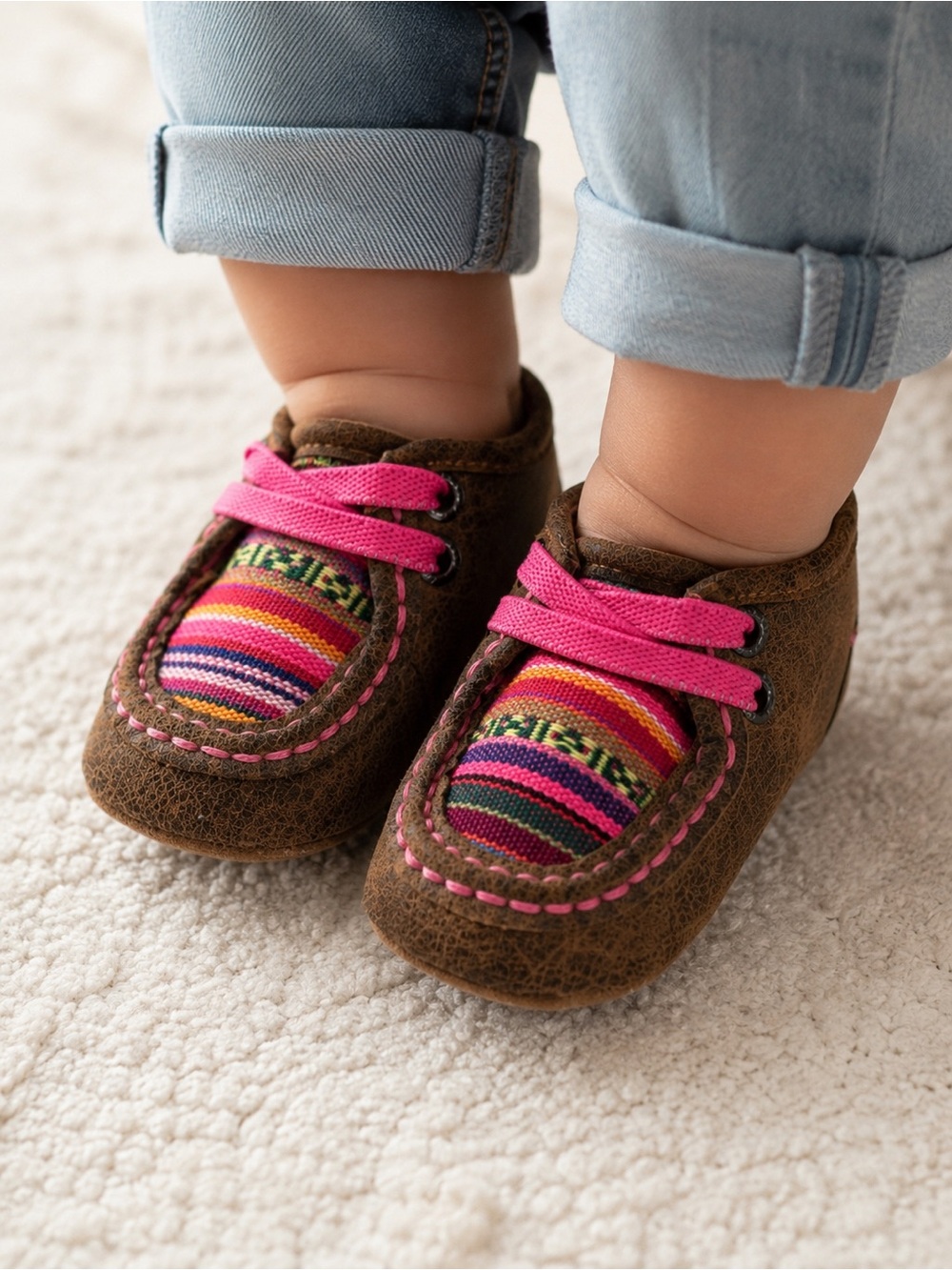 Ariat Infant Western Crib Shoes Brown Pink Moccasin Soft Sole 4” Outsole